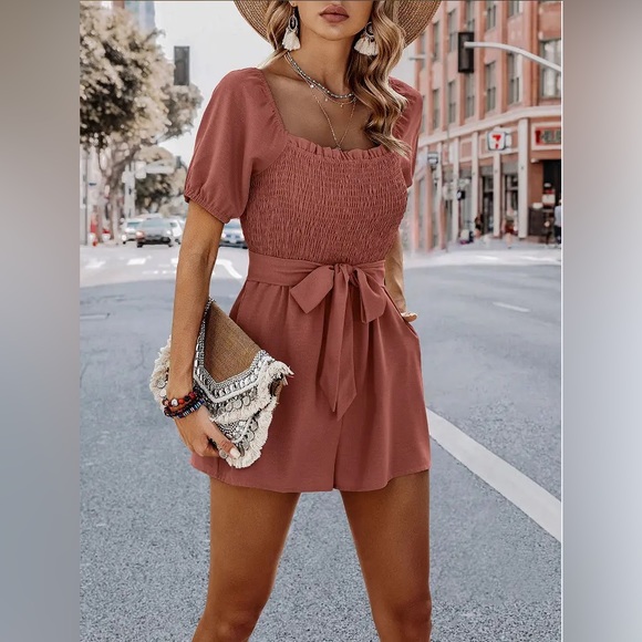 NWT Smocked Square Neck Waist Tie Romper in Clay - Picture 5 of 5